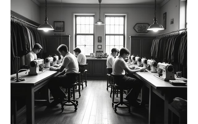 Vintage black-and-white photo of an elegant tailor shop interior with craftsmen at work.