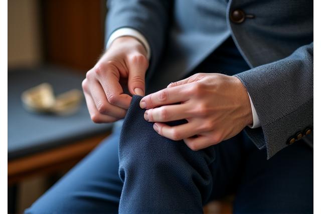 Tailor meticulously hand-stitching a bespoke suit, showcasing fine craftsmanship.