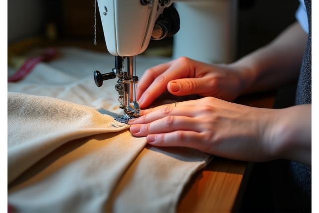 Skilled hands performing precise clothing alterations using a sewing machine and measuring tape.