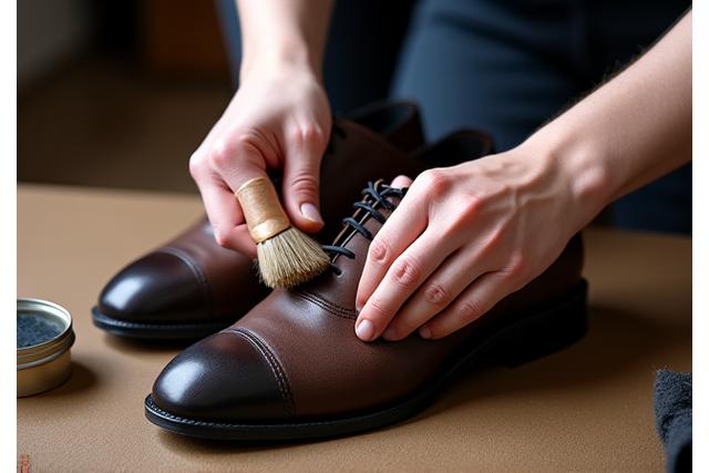 Close-up of a person meticulously polishing a pair of classic leather shoes.