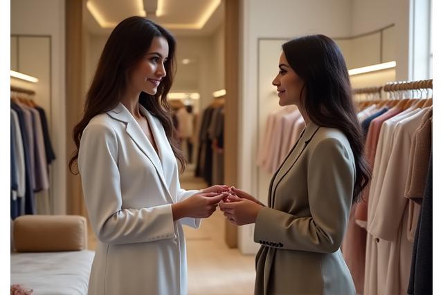A personal shopper advising a client in a stylish boutique environment.
