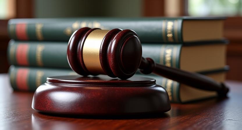 Legal gavel and law books on a polished wooden desk, symbolizing terms and conditions.